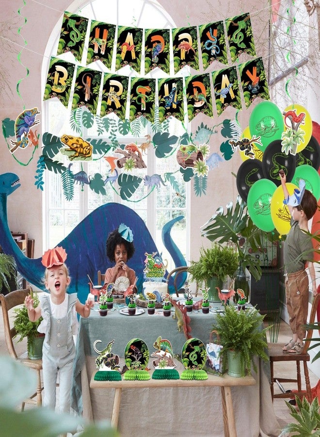 PTECDROTS Reptile Party Decorations - Including Reptile Theme Balloons, Happy Birthday Banner, Cake Topper, Hanging Swirl, and Honeycomb Centerpieces for Safari Lizard Swamp Reptile Birthday Party Supplies - Image 5